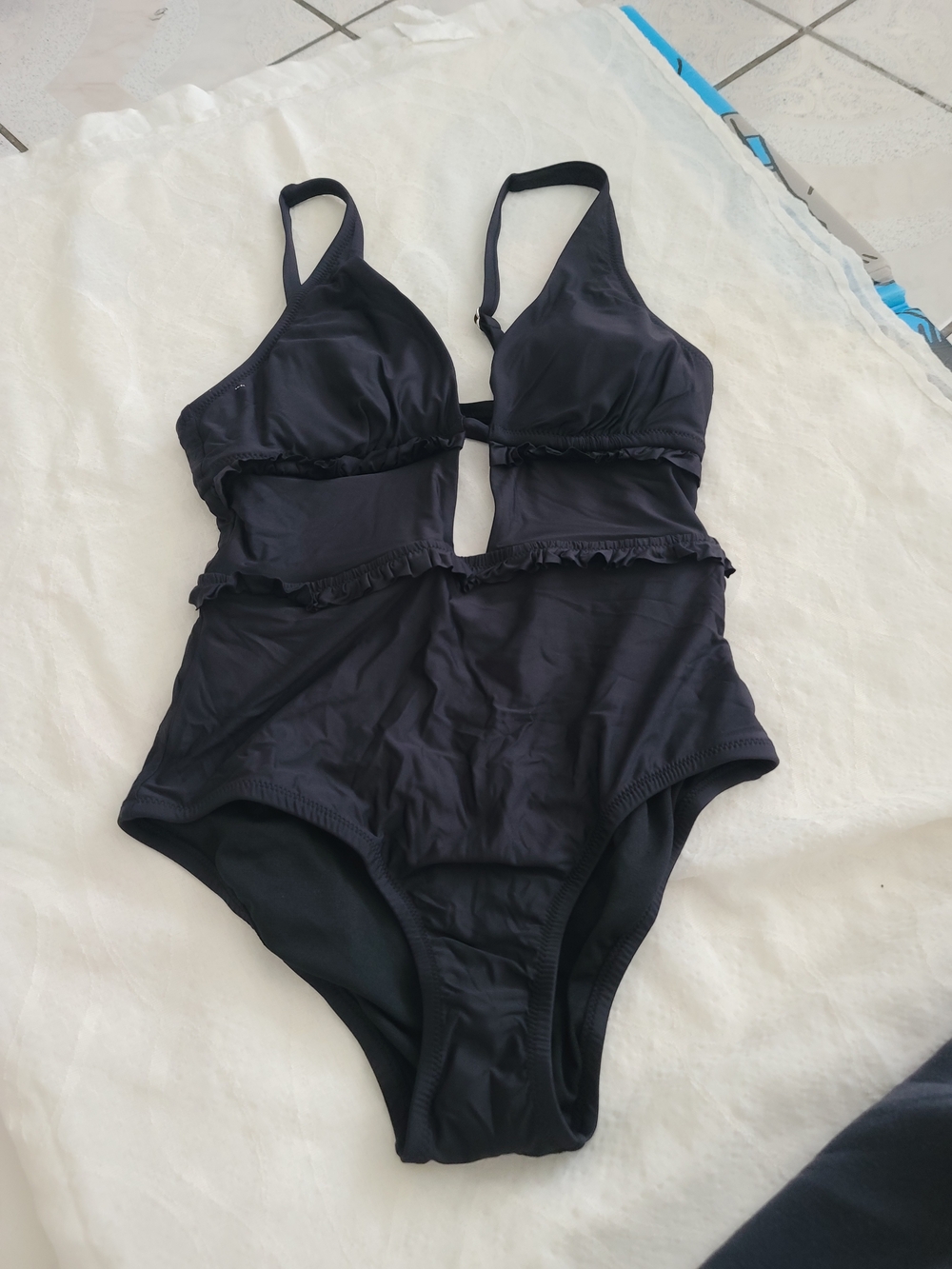 Black Women's One-Piece Swimwear with Ruffle Trim - Unbranded